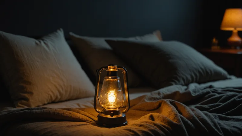 Nighttime room with a lamp on suggesting sleep disruption and depression