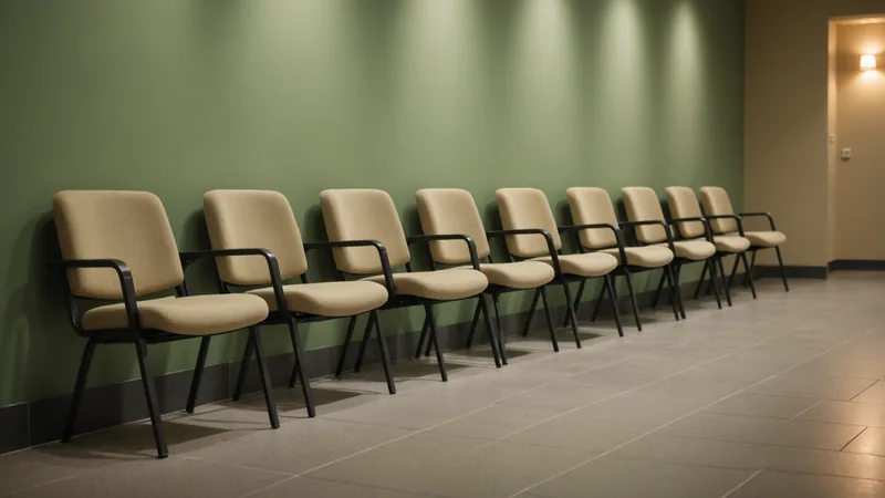 Empty waiting room chairs suggesting long wait times for mental health care