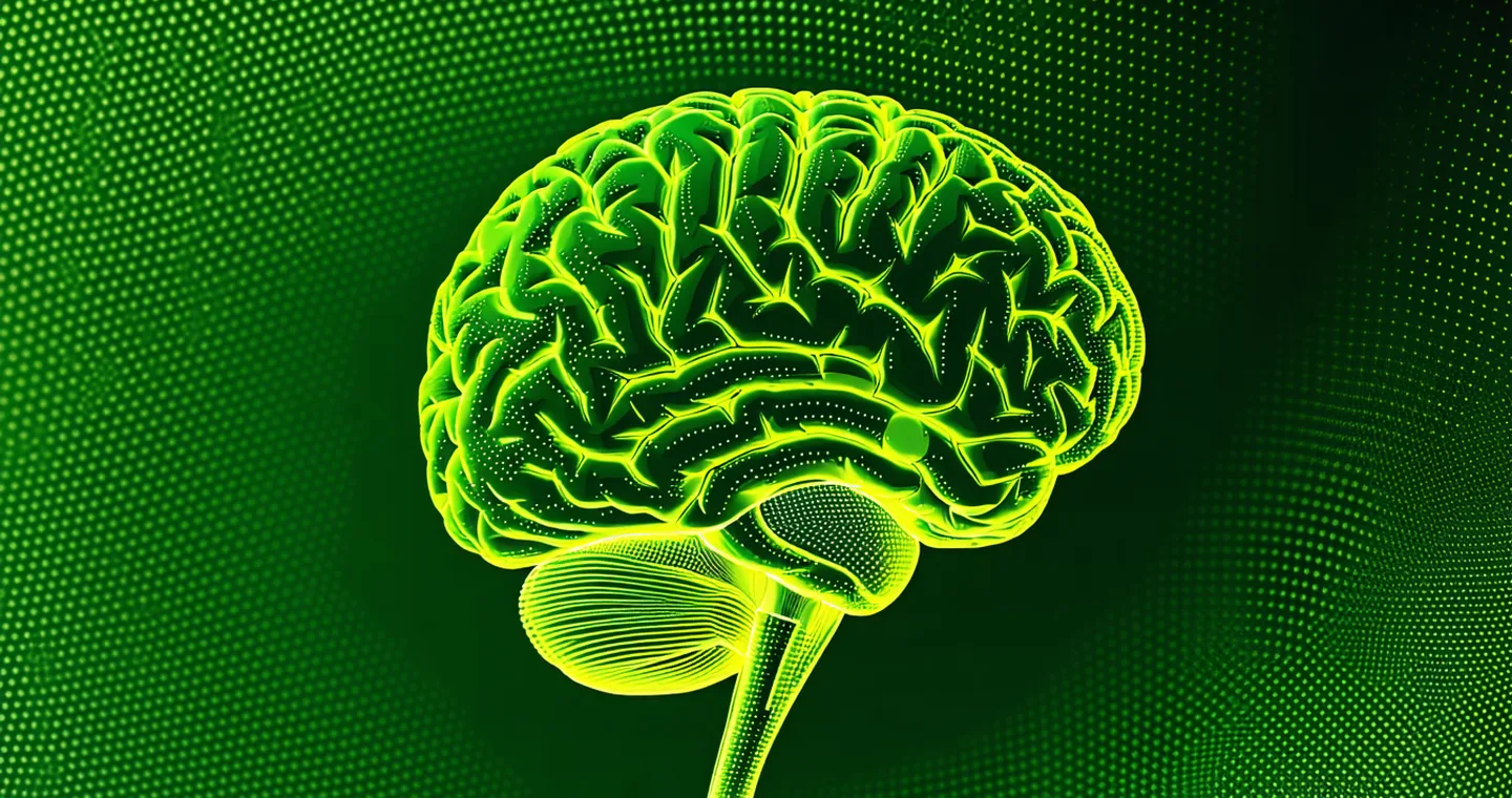 EEG topographic brain activity map showing green-teal motor cortex activation zones on a dark background