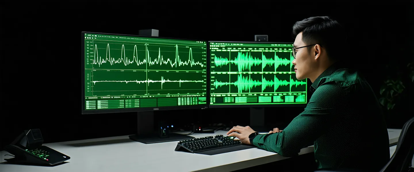 Engineer reviewing signal processing SDK on dual monitors in a technical workspace